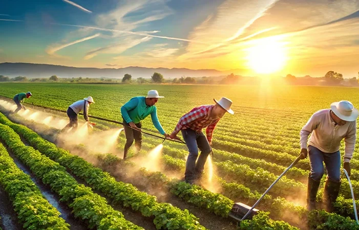Innovative farming under the golden sunrise, advancing modern agriculture with care.